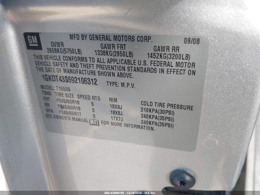 2009 GMC Envoy Slt VIN: 1GKDT43S692106312 Lot: 43866109