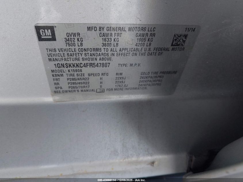 2015 Chevrolet Suburban 1500 Ltz VIN: 1GNSKKKC4FR547807 Lot: 43866114