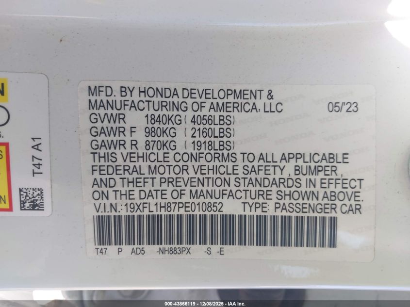 2023 Honda Civic Sport Touring VIN: 19XFL1H87PE010852 Lot: 43866119