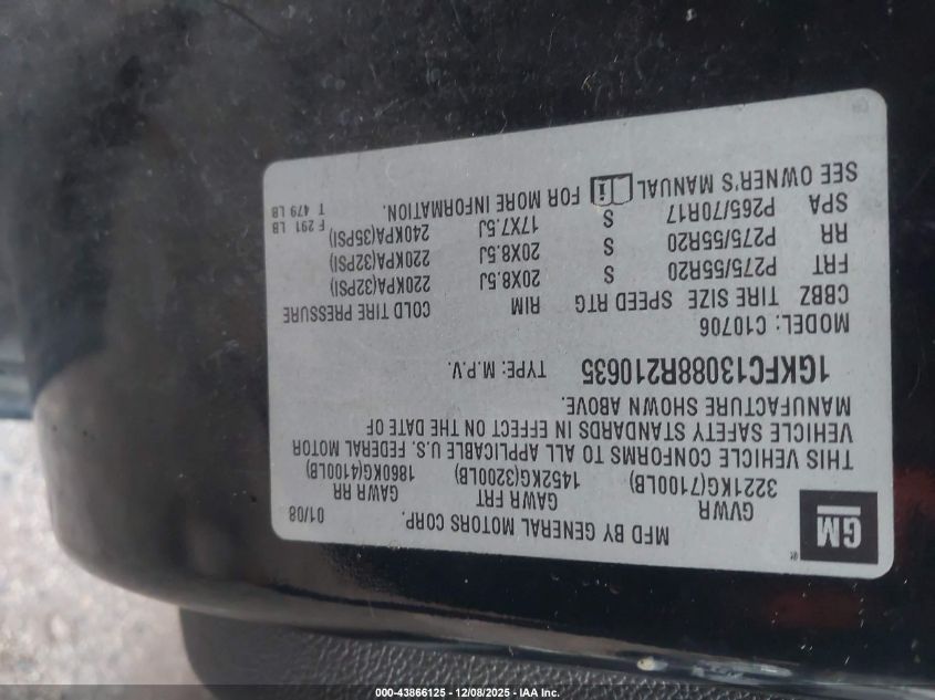 2008 GMC Yukon Slt VIN: 1GKFC13088R210635 Lot: 43866125