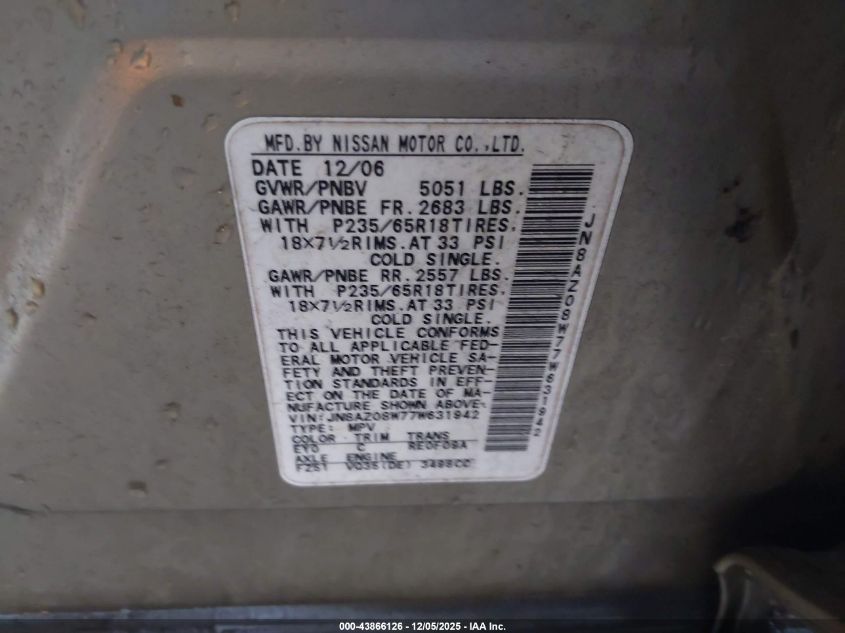 2007 Nissan Murano S VIN: JN8AZ08W77W631942 Lot: 43866126