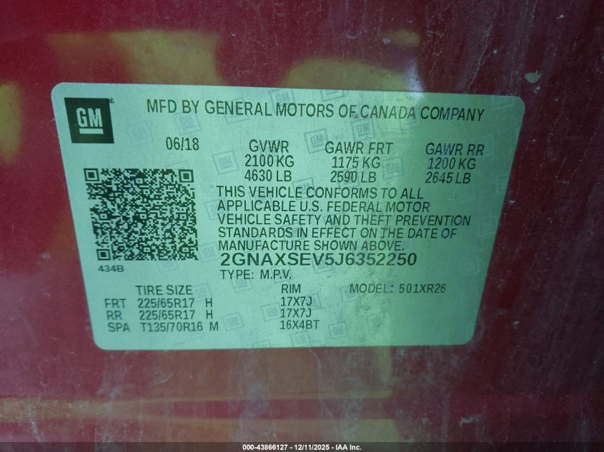 2018 Chevrolet Equinox Lt VIN: 2GNAXSEV5J6352250 Lot: 43866127