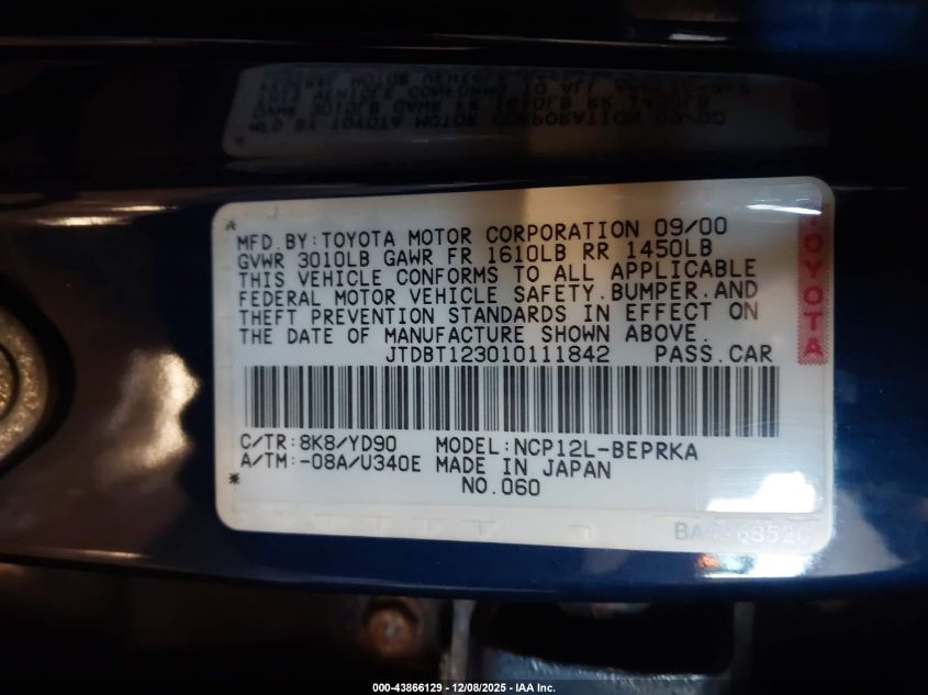 2001 Toyota Echo VIN: JTDBT123010111842 Lot: 43866129