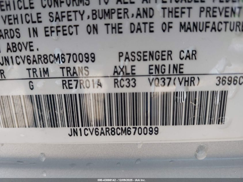 2012 Infiniti G37X VIN: JN1CV6AR8CM670099 Lot: 43866142