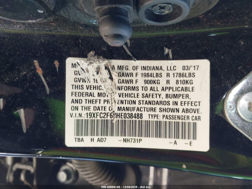 2017 Honda Civic Lx VIN: 19XFC2F68HE038488 Lot: 43866149