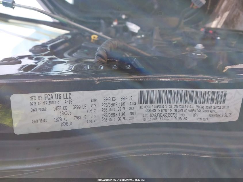 2016 Jeep Grand Cherokee Limited VIN: 1C4RJFBGXGC398781 Lot: 43866155