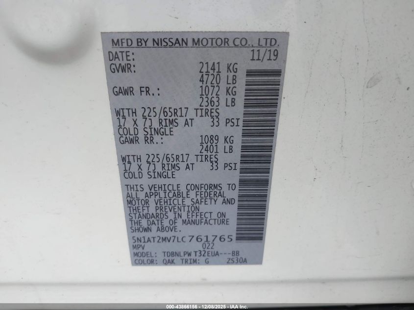 2020 Nissan Rogue S Intelligent Awd VIN: 5N1AT2MV7LC761765 Lot: 43866156