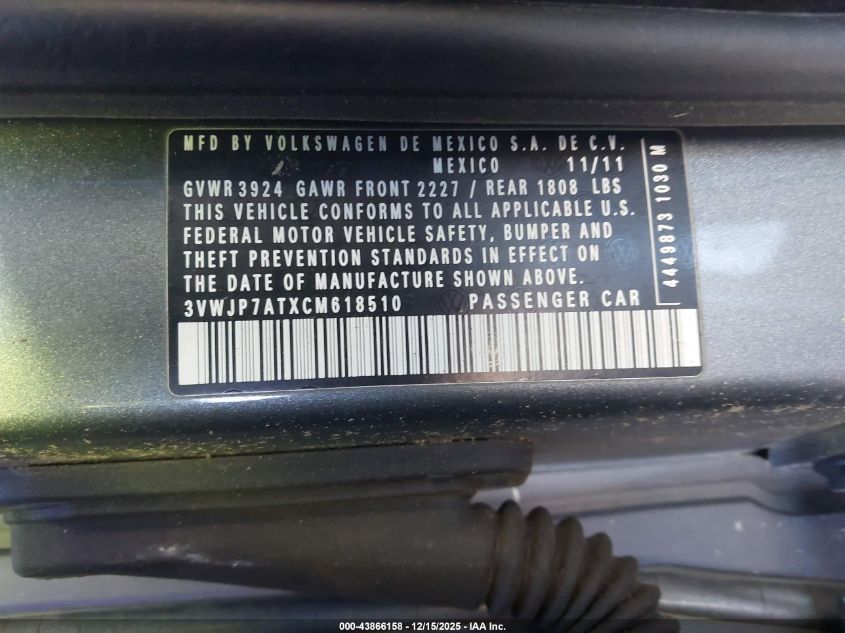 2012 Volkswagen Beetle 2.5L VIN: 3VWJP7ATXCM618510 Lot: 43866158