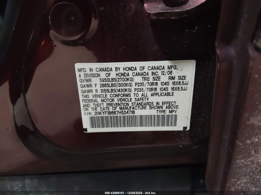 2007 Honda Pilot Ex-L VIN: 2HKYF18667H524718 Lot: 43866161