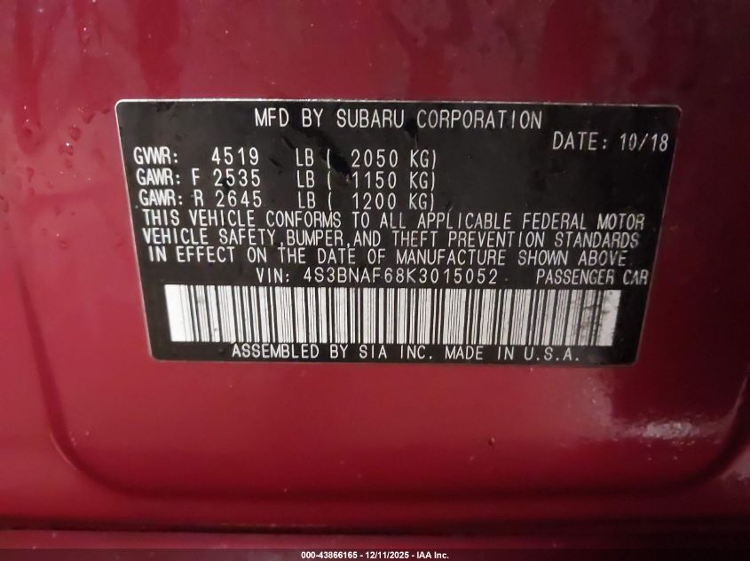 2019 Subaru Legacy 2.5I Premium VIN: 4S3BNAF68K3015052 Lot: 43866165