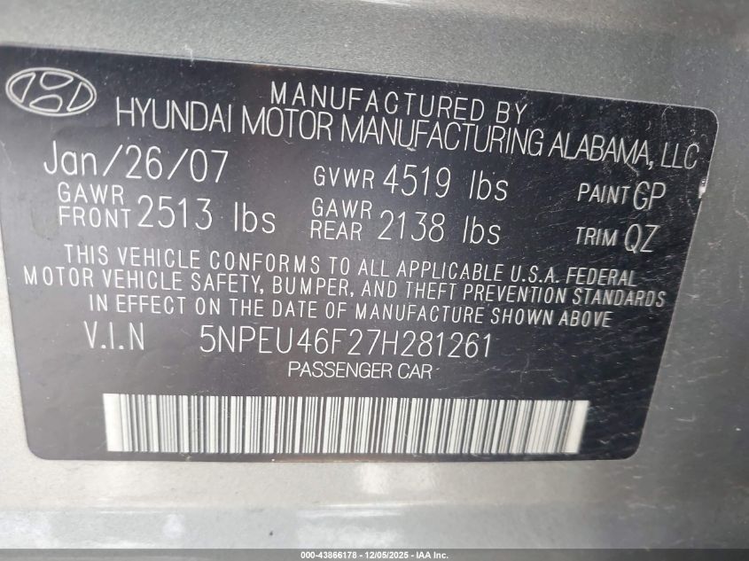 2007 Hyundai Sonata Limited/Se V6 VIN: 5NPEU46F27H281261 Lot: 43866178