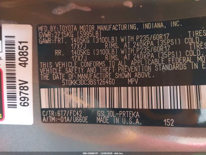 2011 Toyota Sienna Le V6 VIN: 5TDKK3DC3BS126460 Lot: 43866197