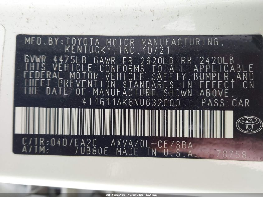 2022 Toyota Camry Se VIN: 4T1G11AK6NU632000 Lot: 43866199