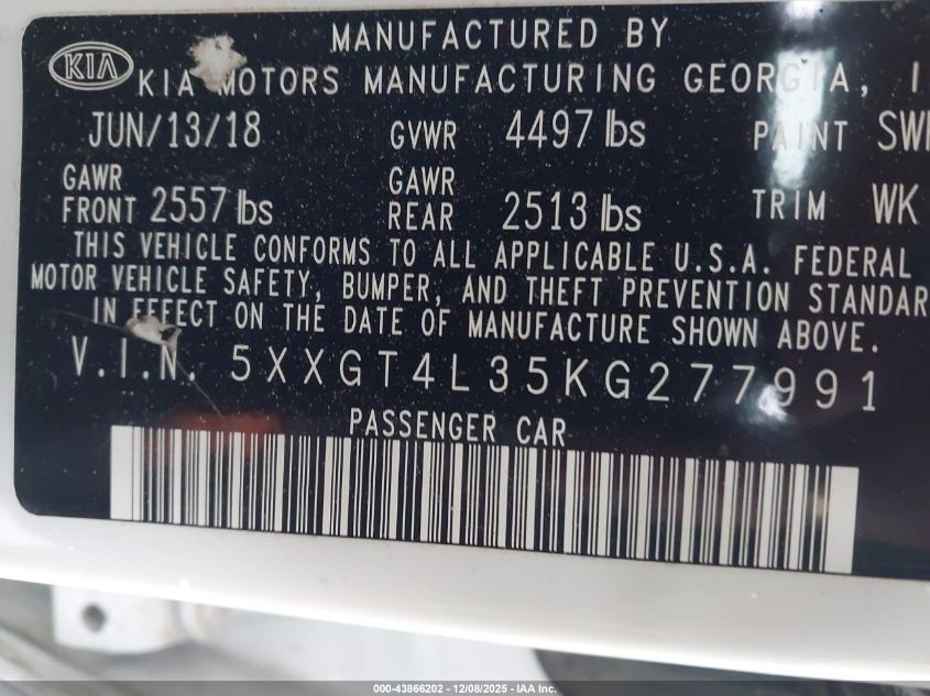 2019 Kia Optima Lx VIN: 5XXGT4L35KG277991 Lot: 43866202