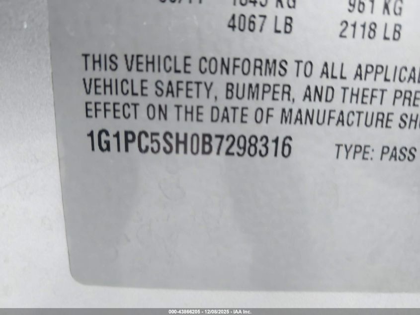 2011 Chevrolet Cruze Ls VIN: 1G1PC5SH0B7298316 Lot: 43866205