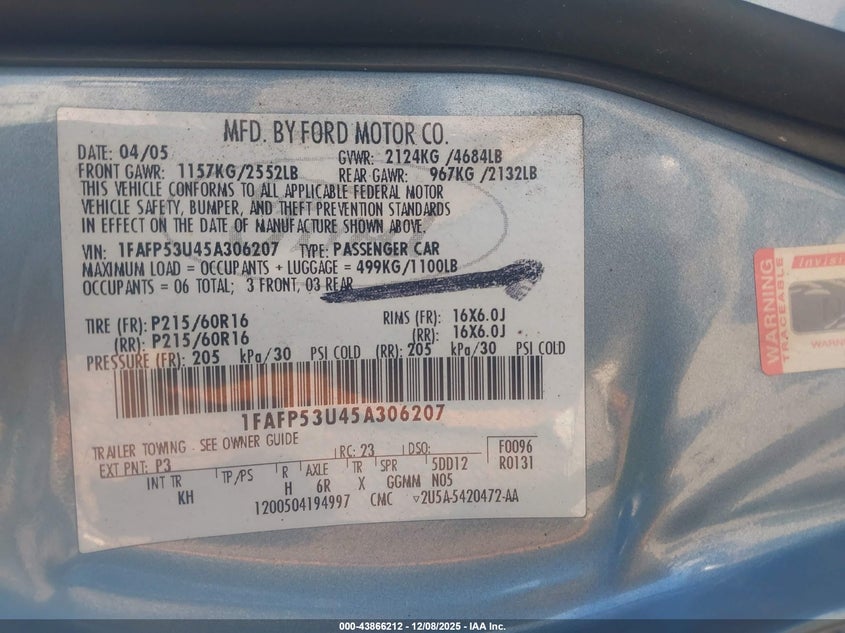 1FAFP53U45A306207 2005 FORD TAURUS photo no. 9