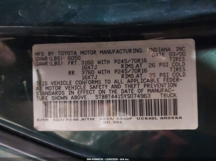 2000 Toyota Tundra Sr5 V8 VIN: 5TBBT4415YS074963 Lot: 43866216