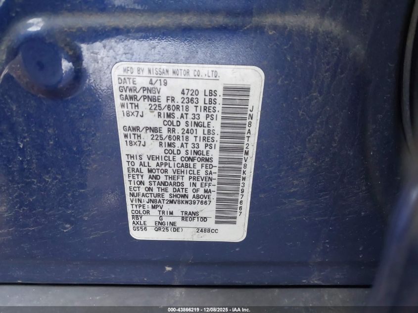 2019 Nissan Rogue Sv VIN: JN8AT2MV8KW397667 Lot: 43866219