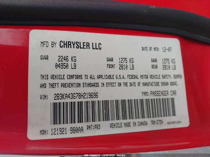 2008 Dodge Charger VIN: 2B3KA43G78H219696 Lot: 43866233