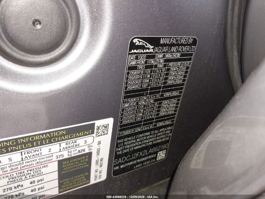 2020 Jaguar F-Pace Premium P250 Awd Automatic VIN: SADCJ2FX2LA662160 Lot: 43866239