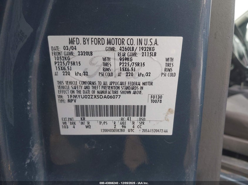 1FMYU02ZX5DA06077 2005 FORD ESCAPE photo no. 9