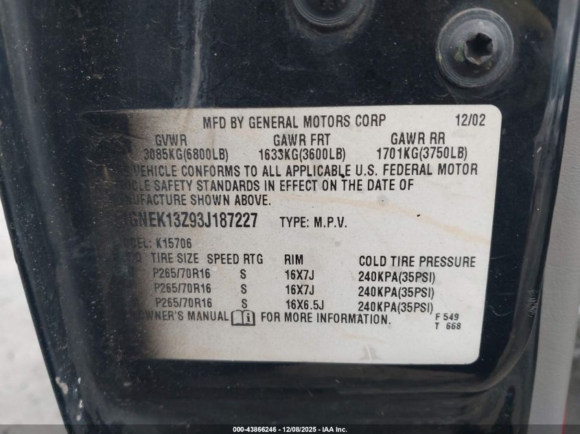 2003 Chevrolet Tahoe Ls VIN: 1GNEK13Z93J187227 Lot: 43866246