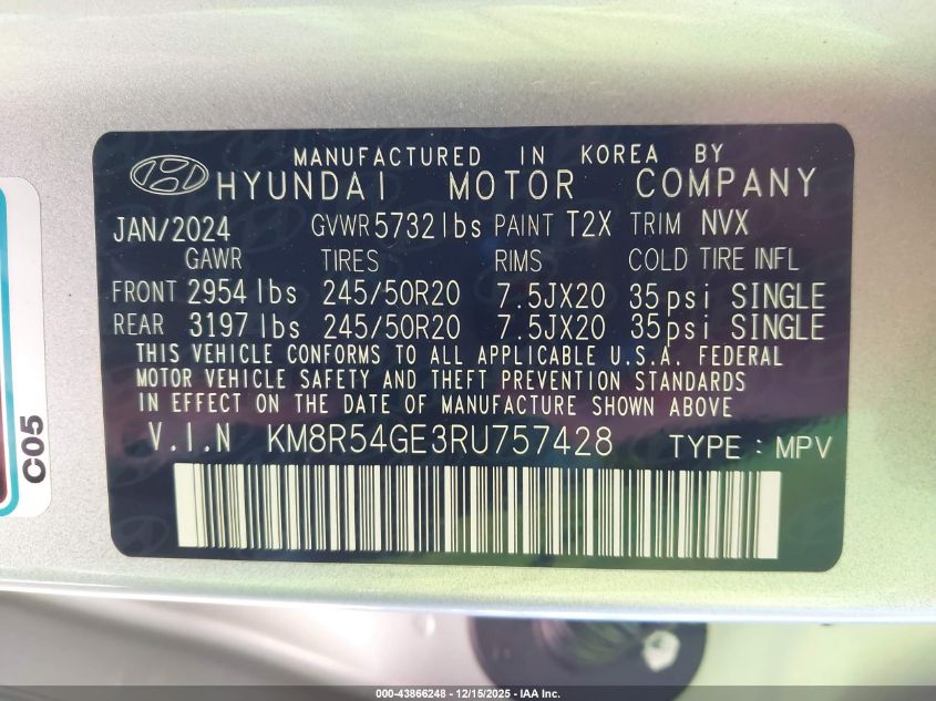 2024 Hyundai Palisade Limited VIN: KM8R54GE3RU757428 Lot: 43866248