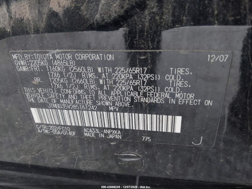 2008 Toyota Rav4 VIN: JTMBD35V285161242 Lot: 43866249