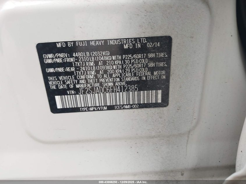 2015 Subaru Forester 2.5I Premium VIN: JF2SJADC6FH412385 Lot: 43866250