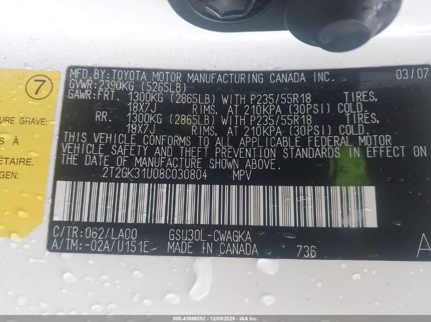 2008 Lexus Rx 350 VIN: 2T2GK31U08C030804 Lot: 43866252