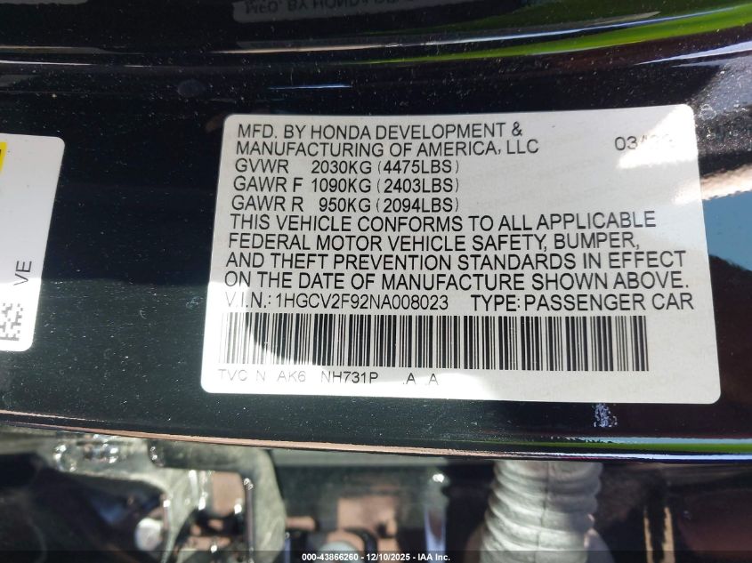 2022 Honda Accord Touring VIN: 1HGCV2F92NA008023 Lot: 43866260