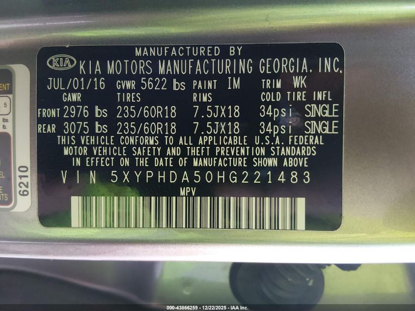 2017 Kia Sorento 3.3L Ex VIN: 5XYPHDA50HG221483 Lot: 43866259