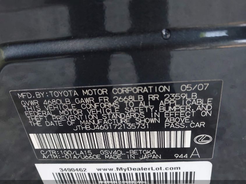 2007 Lexus Es 350 VIN: JTHBJ46G172135731 Lot: 43866264