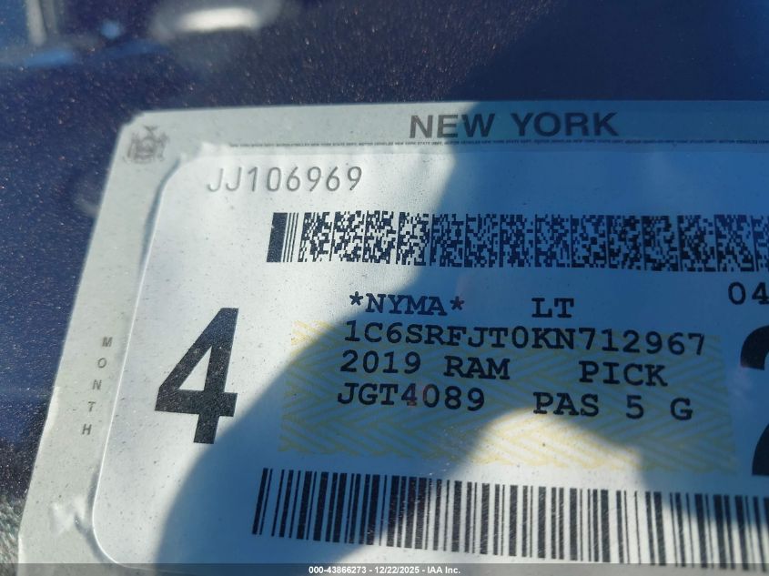 2019 Ram 1500 Laramie 4X4 5'7 Box VIN: 1C6SRFJT0KN712967 Lot: 43866273