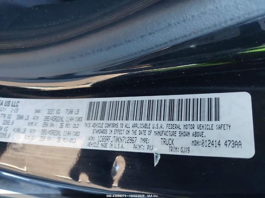 2019 Ram 1500 Laramie 4X4 5'7 Box VIN: 1C6SRFJT0KN712967 Lot: 43866273