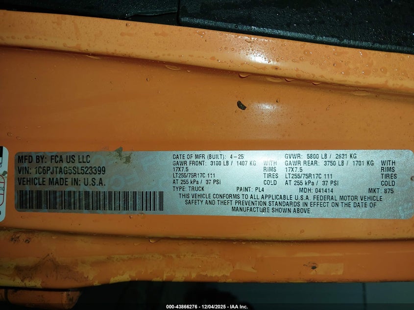 2025 Jeep Gladiator Willys VIN: 1C6PJTAG5SL523399 Lot: 43866276