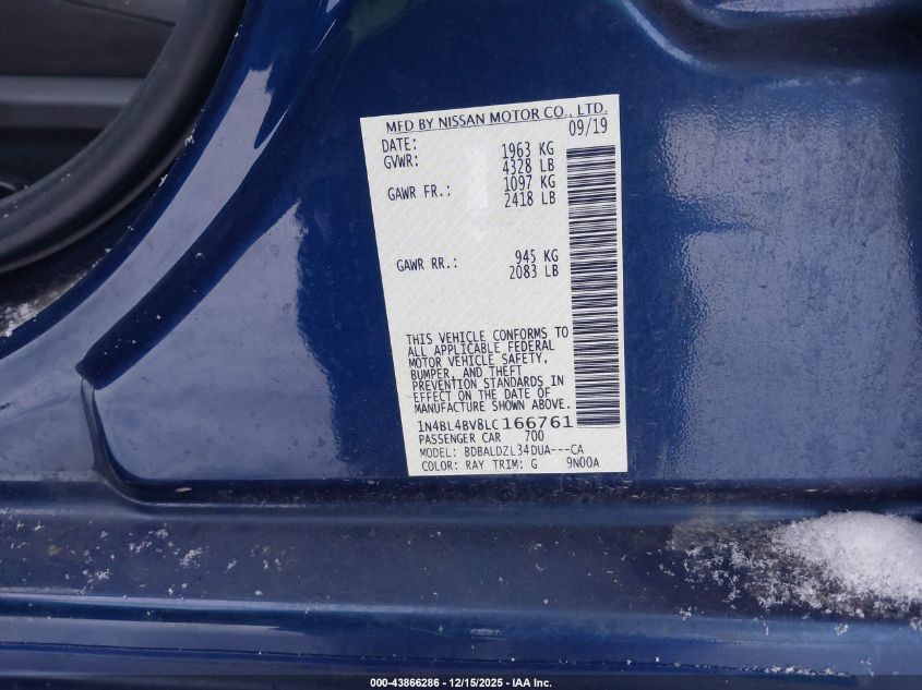 2020 Nissan Altima S Fwd VIN: 1N4BL4BV8LC166761 Lot: 43866286