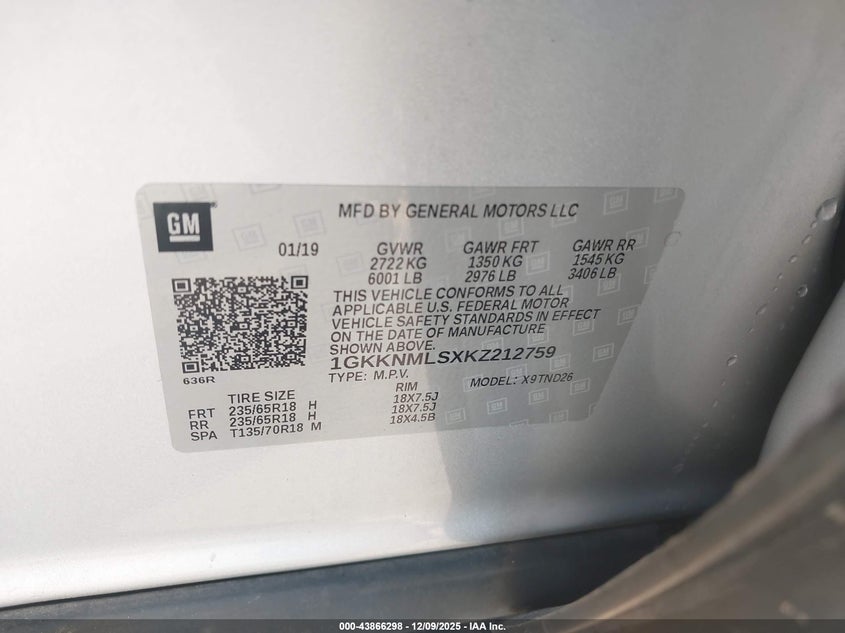 1GKKNMLSXKZ212759 2019 GMC ACADIA photo no. 9