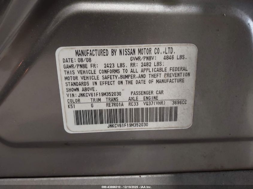 2009 Infiniti G37X VIN: JNKCV61F19M352030 Lot: 43866310