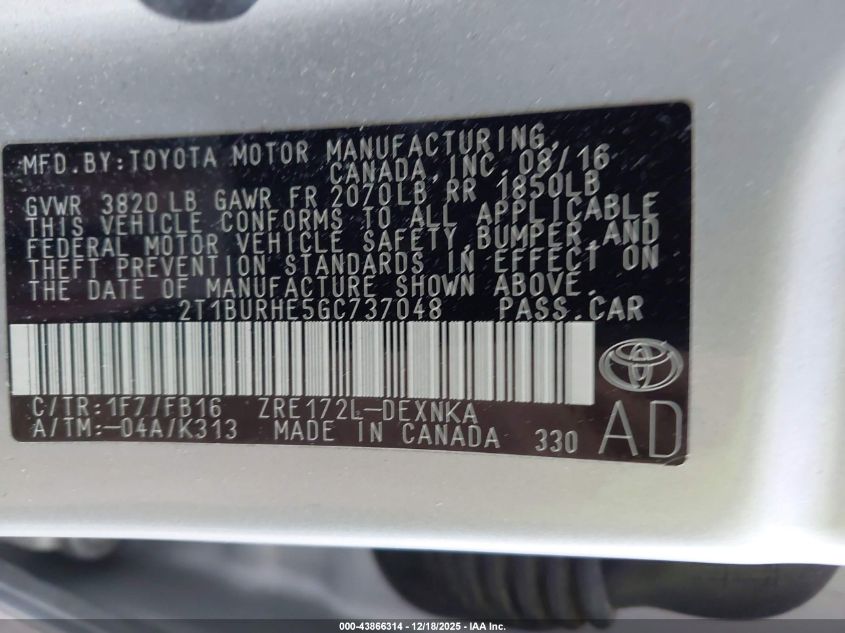 2016 Toyota Corolla Le VIN: 2T1BURHE5GC737048 Lot: 43866314