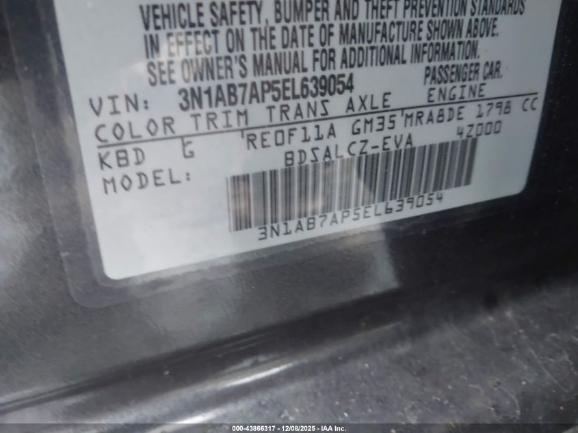 2014 Nissan Sentra S VIN: 3N1AB7AP5EL639054 Lot: 43866317