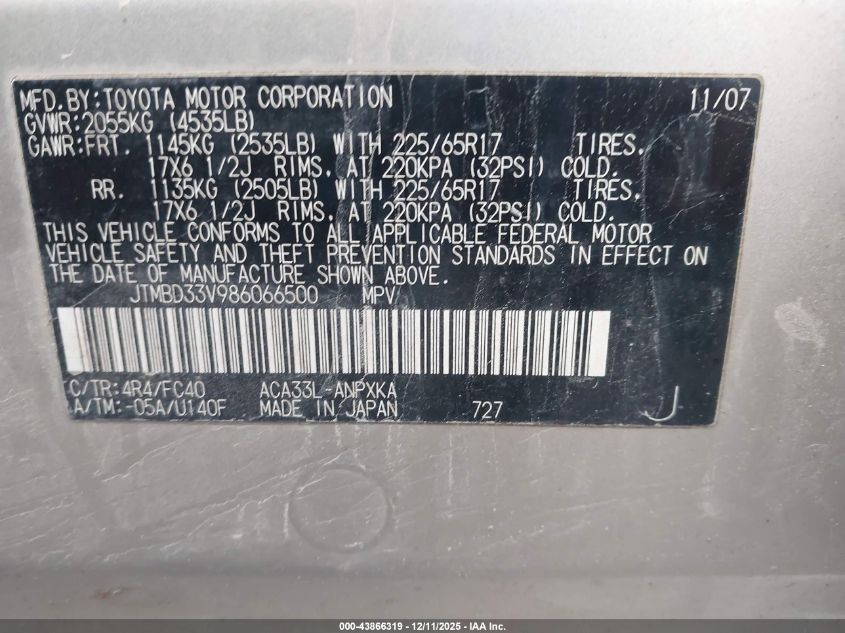 2008 Toyota Rav4 VIN: JTMBD33V986066500 Lot: 43866319