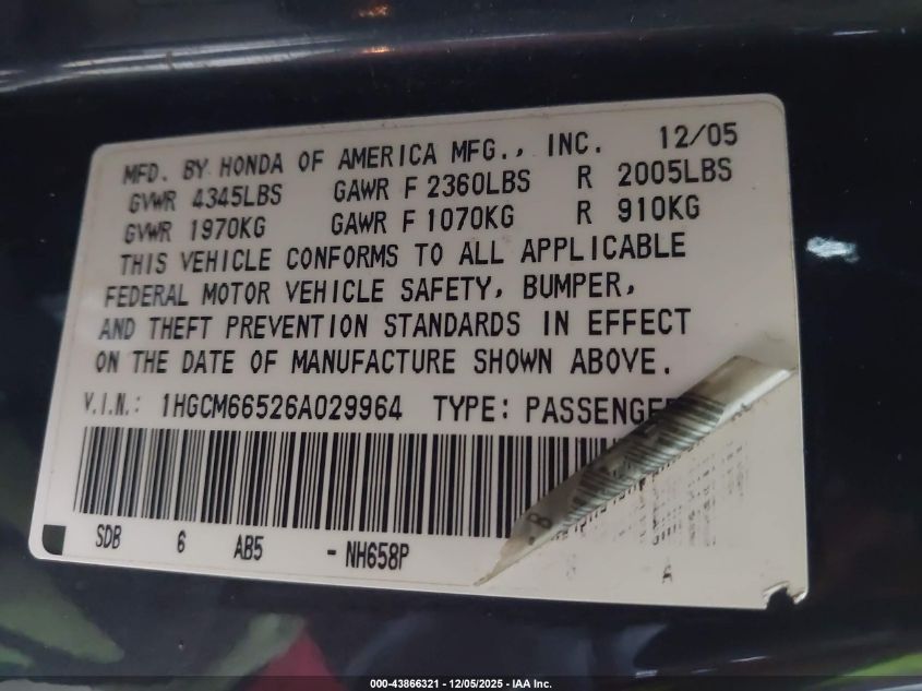 2006 Honda Accord 3.0 Ex VIN: 1HGCM66526A029964 Lot: 43866321