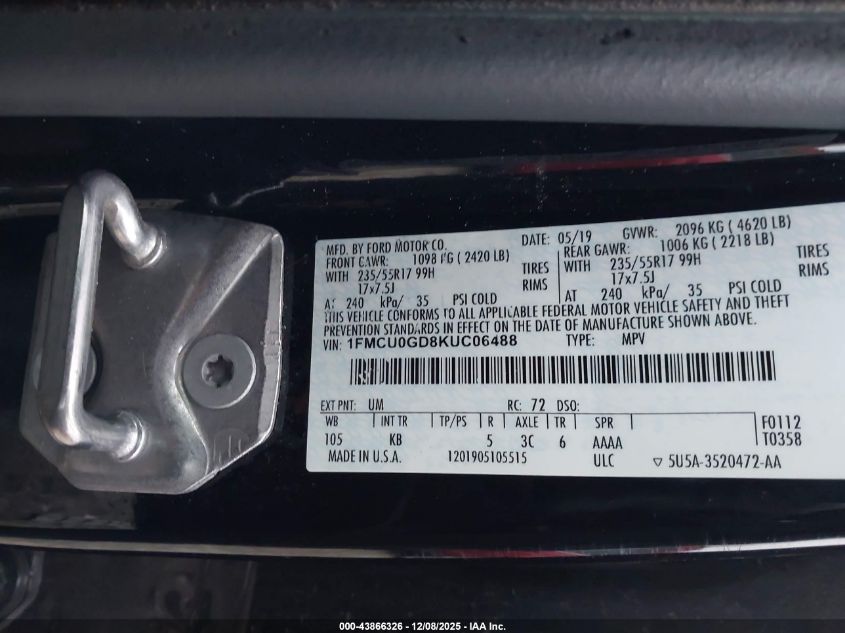 2019 Ford Escape Se VIN: 1FMCU0GD8KUC06488 Lot: 43866326