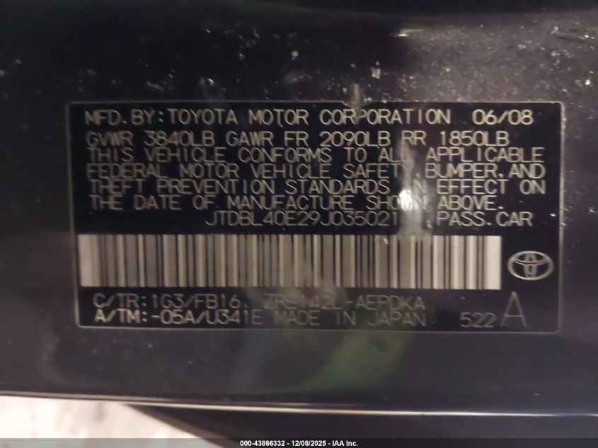 2009 Toyota Corolla Le VIN: JTDBL40E29J035021 Lot: 43866332