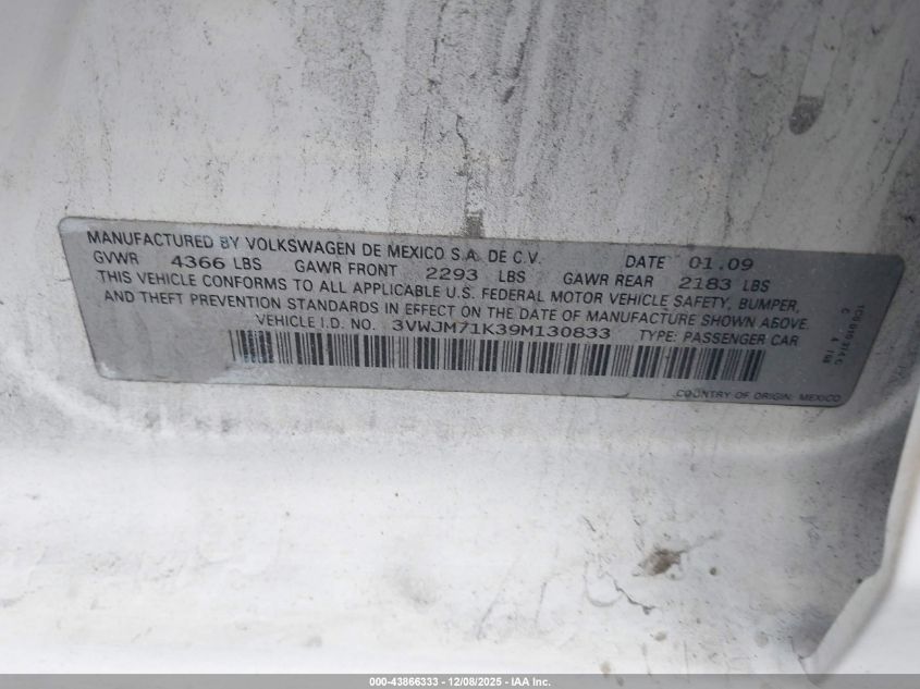 2009 Volkswagen Jetta S VIN: 3VWJM71K39M130833 Lot: 43866333