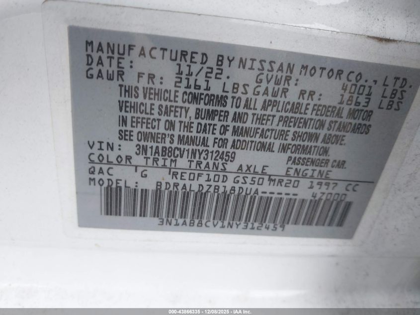 2022 Nissan Sentra Sv Xtronic Cvt VIN: 3N1AB8CV1NY312459 Lot: 43866335