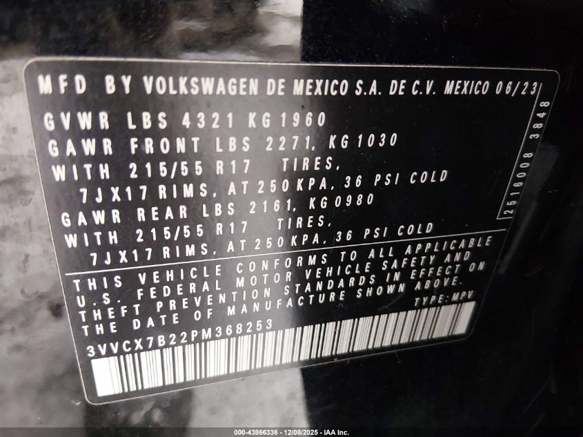 2023 Volkswagen Taos 1.5T S VIN: 3VVCX7B22PM368253 Lot: 43866336