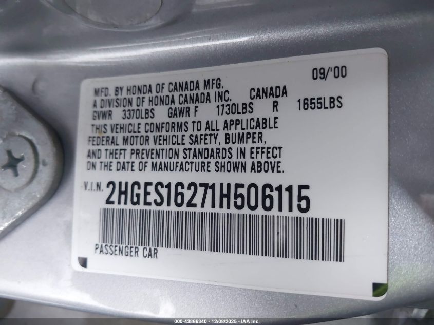 2001 Honda Civic Dx VIN: 2HGES16271H506115 Lot: 43866340