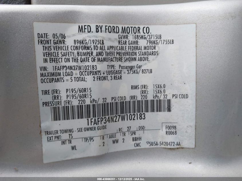 2007 Ford Focus S/Se/Ses VIN: 1FAFP34N27W102183 Lot: 43866351